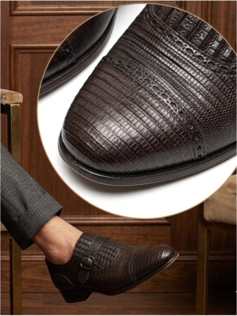 Fratelli Rossetti Brown Exotic Lizard Skin Monk Strap Dress Shoes Size 8